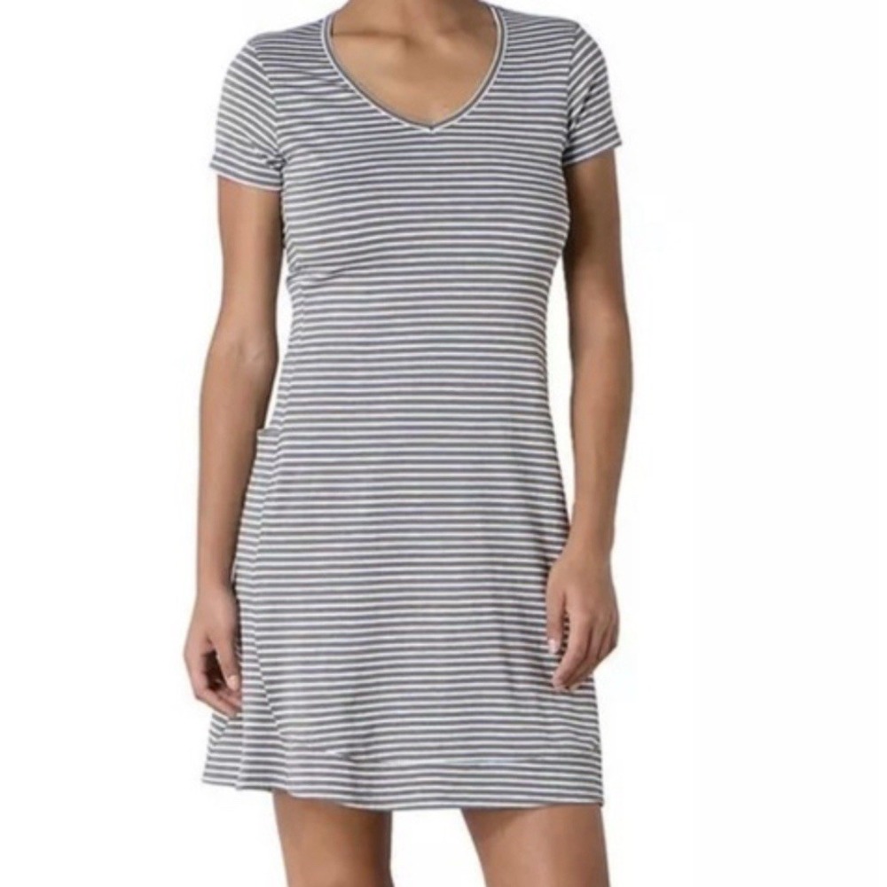 Toad and Co. Marley Dress Medium Gray White Stripe Organic Cotton Short Sleeve‎
